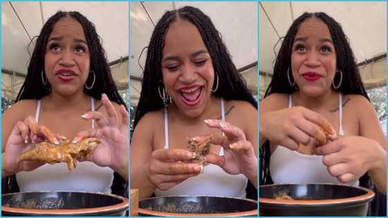 Lady visits Ghana, gets people talking as she uses two hands to eat fufu, video trends