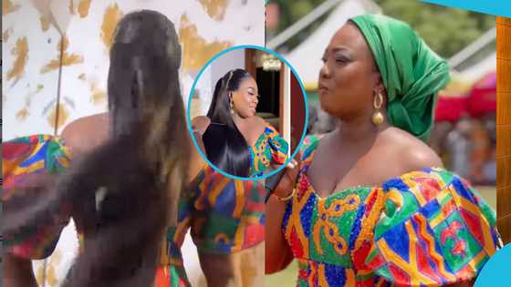 Stacy Amoateng looks classy in a corseted kente gown with rhinestones to host an event at Manhyia Palace