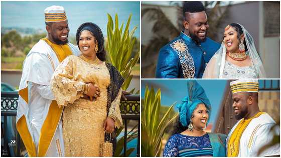 A Malaysian bride walks down the aisle in a beautiful kente gown and stylish gele