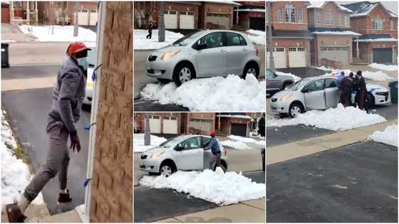 Drama as thief gets stuck in snow after attempted robbery, husband offers to help him escape as wife calls police (video)