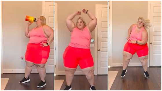 Plus-size white lady in red shorts gives sterling dance moves with legs apart in video; gets many reacting