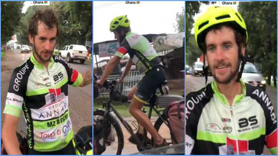 Adventurous white man rides bicycle from Belgium to Ghana, speaks on arrival, video goes viral