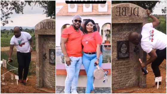 Emotional moment man visits wife's grave, pops wine, poses for picture beside tombstone, many react