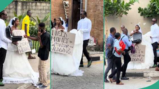 Lady in white dress storms street with her man, begs for money for their wedding, prank video trends