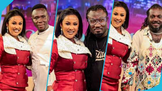 Nana Ama McBrown wins over Ghanaians with her stylish skirt suit as she hosts Erico, Isaac The Showboy and Andy on Onua Showtime