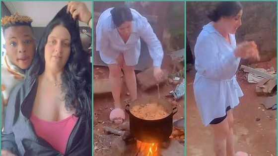 Obroni woman who married Nigerian man prepares food in village: "First time cooking with firewood"