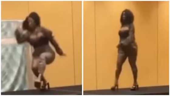 Video captures 'thick' lady falling off with stage while modelling in high heels