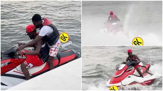 Black Sherif displays fire skills on a jet ski, Ghanaians concerned for his safety: "Don't Castronise him"