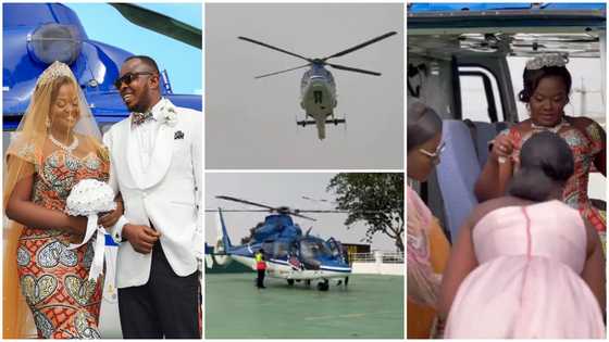 Beautiful videos drop as Ghanaian bride flies in a helicopter, rocks 'ankara' gown for her classy wedding