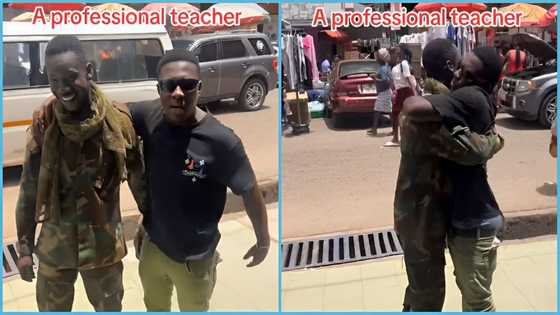 Ghanaian teacher rejoices after meeting former student who is now a solider, hugs him tightly