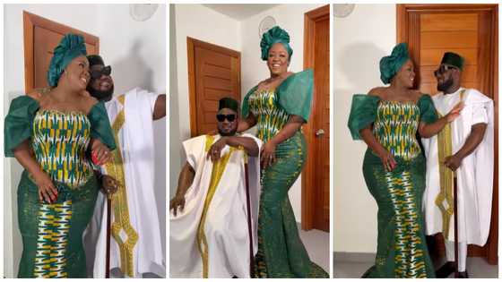 Pretty Tracey Boakye rocks rich kente fabric with husband as wedding guest in video