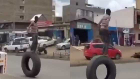 Video of man skillfully riding on single tyre among heavy-duty cars causes stir