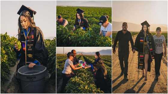 Lady takes graduation photos in parents' farm after becoming 1st in her family to finish college