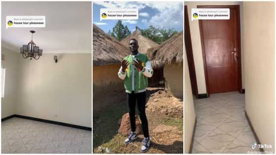 Man shows how the inside of his mud house is made with blocks and cement