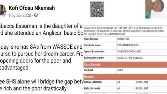 Rebecca Essuman: Agogo state graduate obtains 8As in WASSCE; receives scholarship to study at the University of Ghana