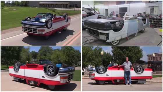 Man builds upside-down car with 4 tyres, doors and body parts reversed, causes stir on street as he rides it