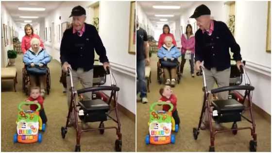 Funny video captures baby using a walker & doing exactly what his grandpa does