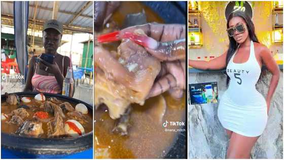 Hajia Bintu eats large bowl of fufu filled with meat and eggs with long nails
