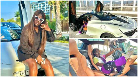 Asantewaa drops fire photos with white luxury McLaren 720S car, many drool over elegance