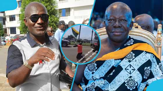 Appiah Stadium kneels on the road and waves Ashanti flag as Otumfuo's convoy passes by him, video