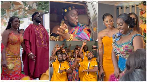 Ghanaian bride looks heavenly in a classy kente gown with petal sleeves as she marries a Menscook chef