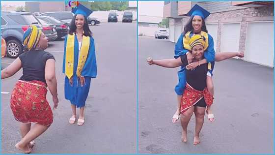 Ghanaian mum delights as daughter graduates, carries her on her back and dances to Defe Defe