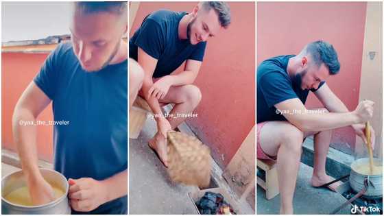 Obroni Man In Ghana Cooks Banku With His Wife In Video; Netizens Impressed