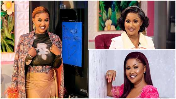 Nana Ama McBrown looks gorgeous in a pink check dress and flawless makeup without earrings