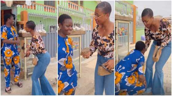 Emotional video shows young lady surprise woman with Ghc1k days after breaking a crate of eggs in her shop