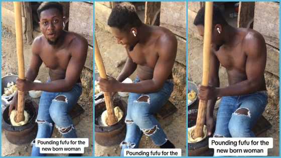 Ghanaian man stunned as he sees friend pounding fufu all by himself: "Where is your wife"