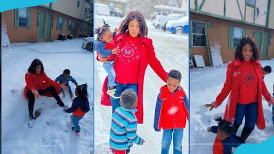 Lil Win's wife chills abroad with her 3 cute kids, plays in snow with them