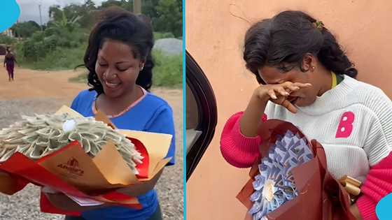 Romantic Ghanaian man surprises girlfriend with a dollar bouquet of money: "Love is sweet"