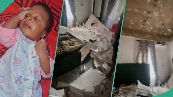 Emotional father praises God as baby survived accident after POP ceiling fell in the bedroom, video