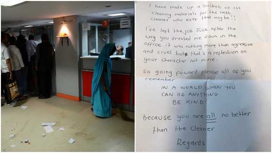 Woman who works as bank cleaner quits after 35 years, drops heart-touching note for her awful boss