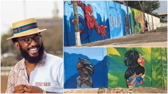Creative man showcases his skill as he makes fine arts on wall, people praise him