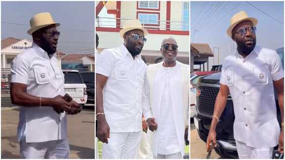 Dr. Osei Kwame Despite turns heads at thanksgiving service with his white outfit and 2023 Escalade Car