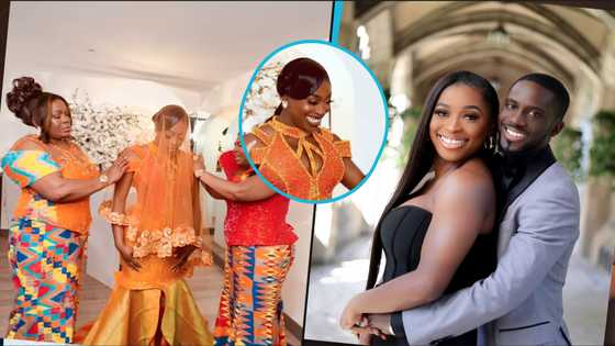 Ghanaian bride who lives in Canada looks heavenly in a stunning corseted kente gown