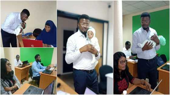 Cute photos capture Nigerian teacher carrying his student's baby as mum gets busy with classwork, many react