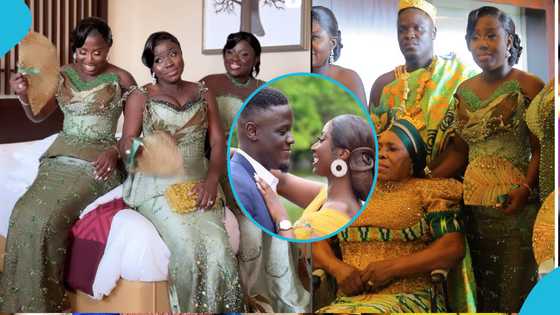 Diana Hamilton and her gorgeous sisters look regal in shiny corseted kente dresses for their brother's lavish wedding