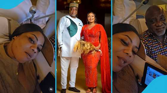 Empress Gifty flaunts rich lifestyle as she flies first class for abroad trip with Hopeson Adorye