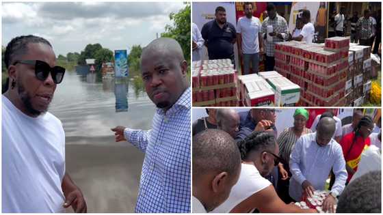 Edem and his two friends donate boxes of sardines, spaghetti, and other items to Akosombo Dam spillage victims