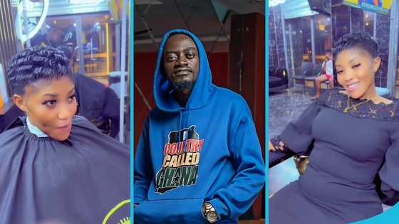 Lil Win's wife Maame Serwaa gets a pixie haircut at his barbershop, video: "A supportive wife"