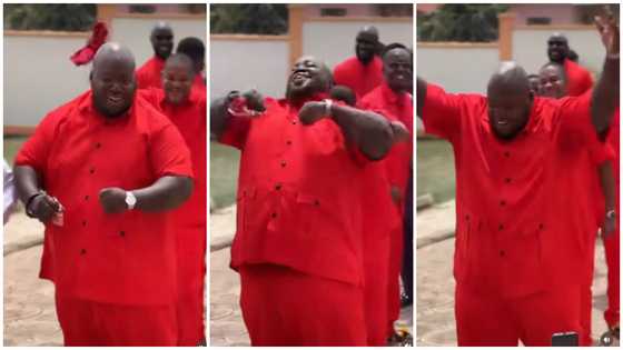 Plus-size Ghanaian groomsman rocking orange kaftan goes viral with his hilarious dance moves