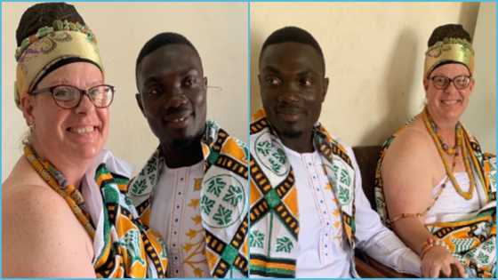 Ghanaian man delights as he weds elderly Obroni lover, flaunts marriage certificate, peeps react