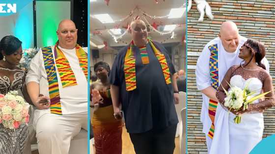 Ghanaian bride wows in kente as she marries gigantic obroni husband in UK, videos go viral