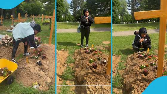 Adwenepahene’s widow Becky visits his burial site with their daughter to change flowers on his grave