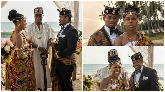 Snowfall TV series: American actors Wanda and Lee rock stunning Ghana kente outfits while posing with David Dontoh