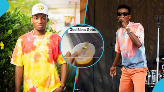 Kofi Kinaata humbly eats Gobɛ after return from European tour, pledges support for food vendor