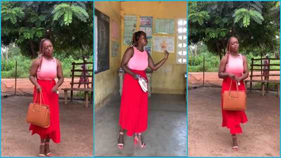 Female teacher posted to a rural area slays in heels and a co-ordinated attire
