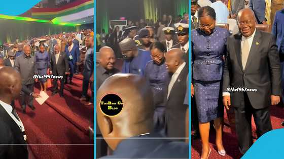 President Mahama and Akufo-Addo shake hands at the ECOWAS 50th anniversary launch